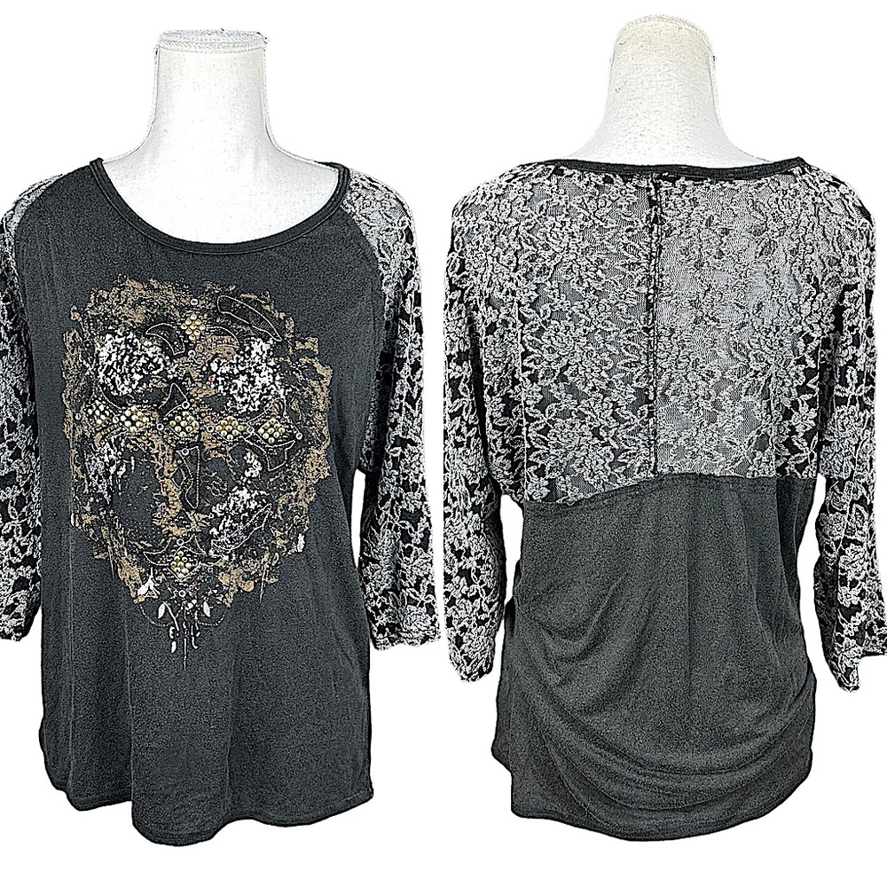 MISS ME: 3/4 Lace Sleeve Rhinestone Embellished Shirt -Size Large